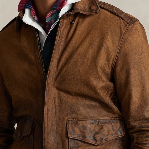 Polo Ralph Lauren Mens Brown Vintage Hand Detailed Leather Flight Bomber Jacket - Picture 5 of 10